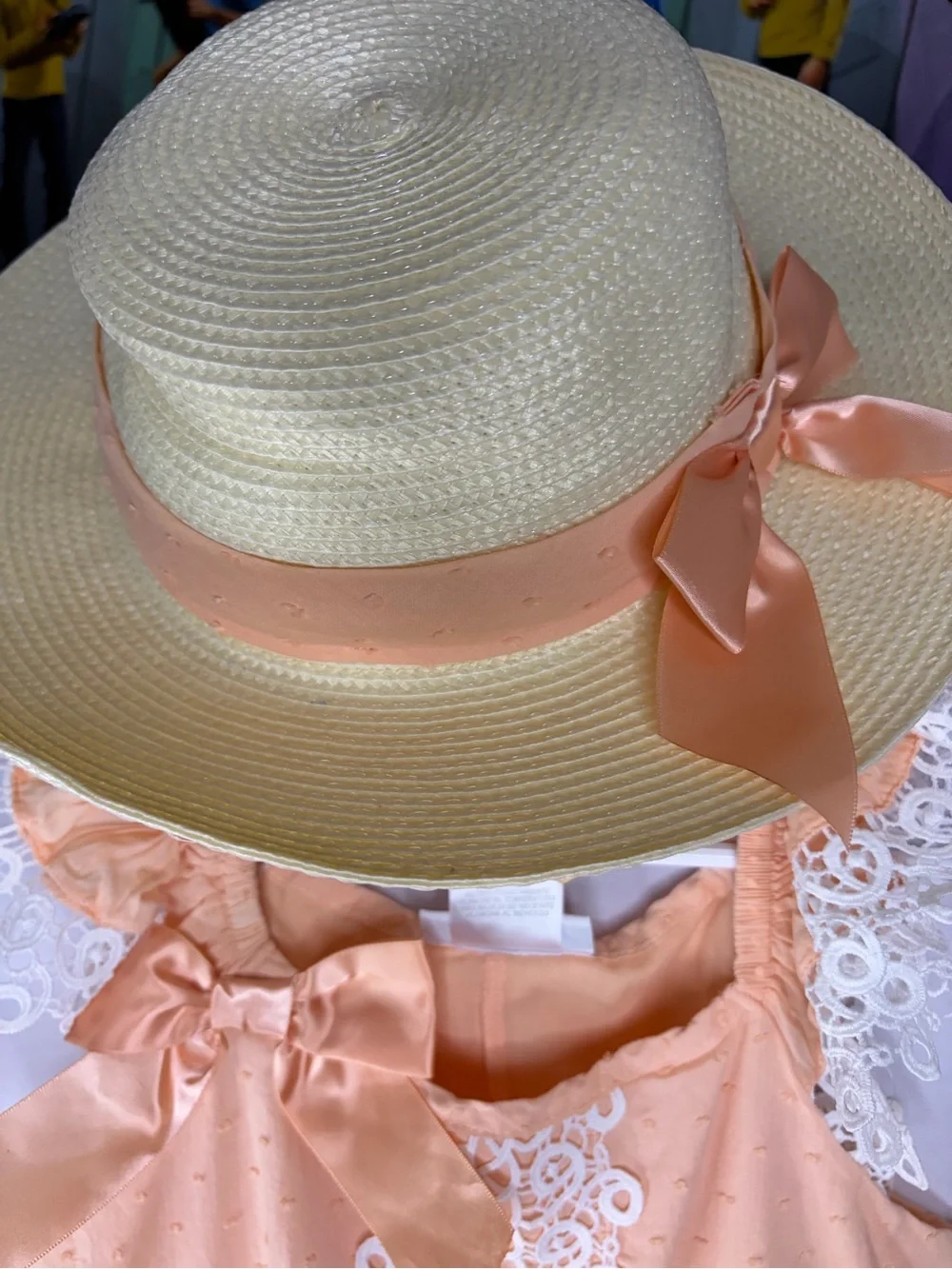 Bonnie Jean Peach Swiss Dot Dress & Matching Sun Hat Set Girls Size 6X Lace East